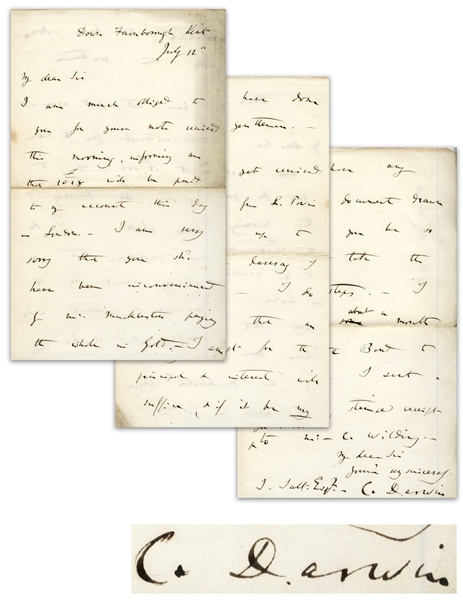 Charles Darwin Autograph Letter Signed From 1854, the Year He Began Writing ''On the Origin of Species''